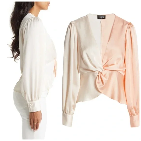 NWT Peach & Cream Color Block Twisted Front Blouse - Picture 2 of 11